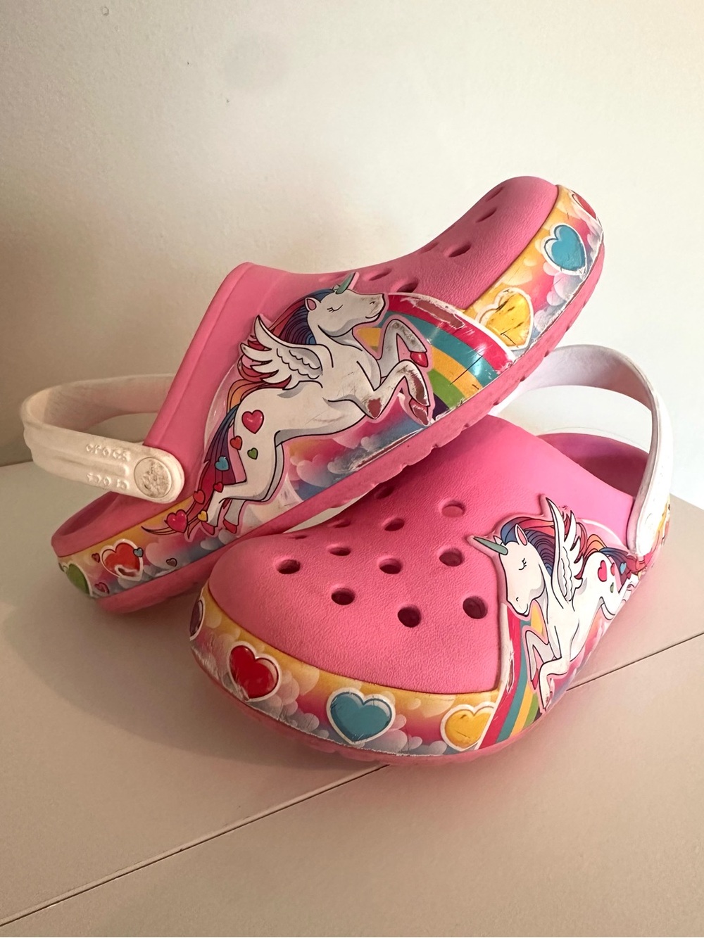 Girl’s Pink Unicorn CROCS Shoes with Rainbow Hearts Crocband Toddler Size 13